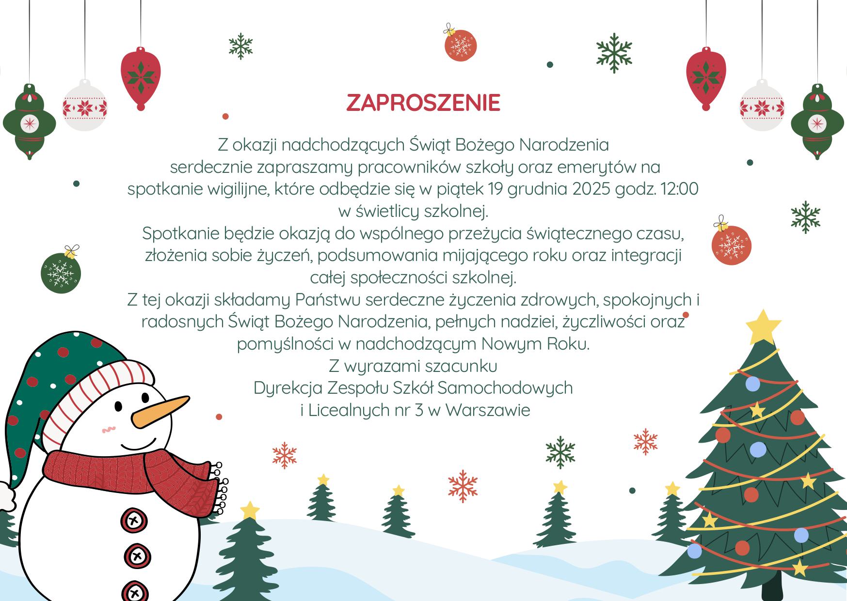 ZAPROSZENIE NA SPOTKANIE WIGILIJNE